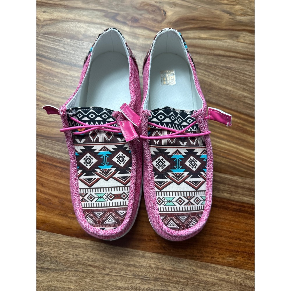 Pink Southwestern Geometric Print Canvas Loafers Slip On Moc Toe Shoes Womens 37